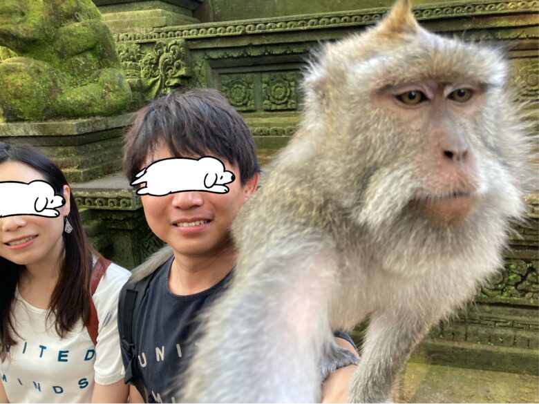 バリ島ウブドにあるモンキーフォレストにてお猿さんのセルフィー体験。動物触れ合い体験